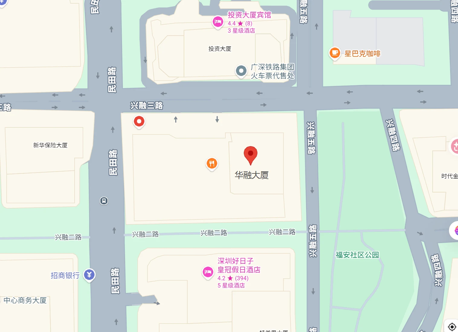Map showing the location of Huarong Building in Futian, Shenzhen