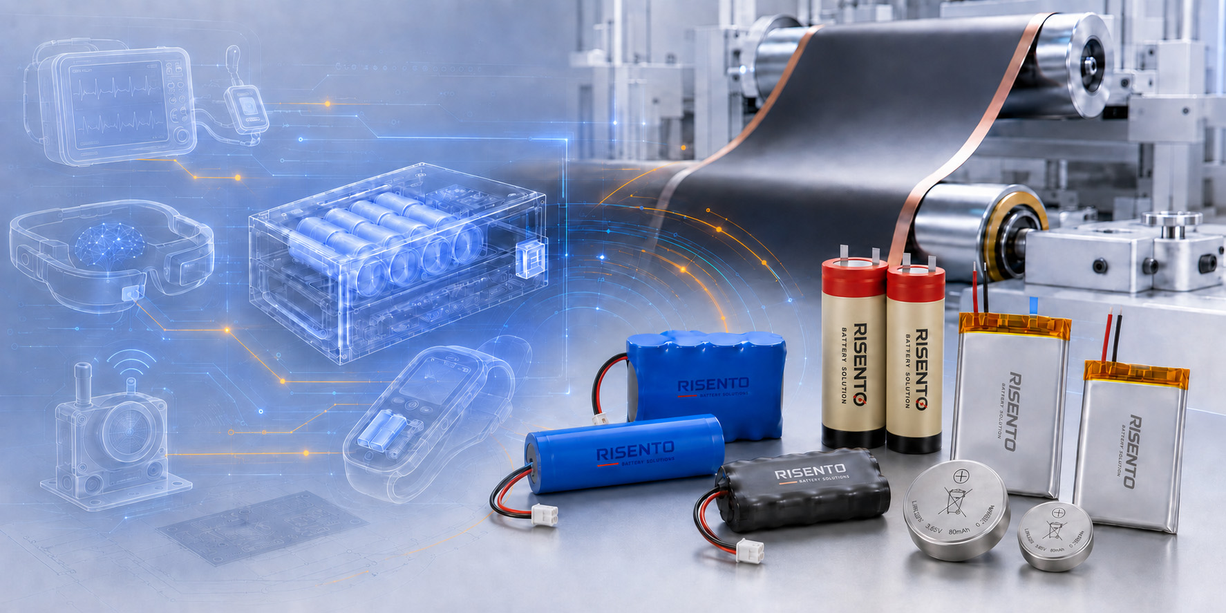 RISENTO battery technologies including rechargeable coin cells, primary coin cells, pouch cells, cylindrical cells, Li-SOCl₂ batteries and battery packs